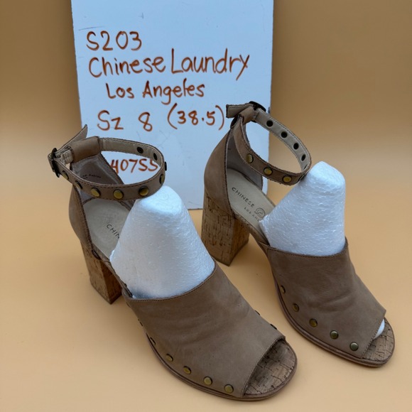 Chinese Laundry Shoes - Chinese Laundry Women Sz 8 Tan Suede Studded Cork Block Heel Ankle Strap Sandals